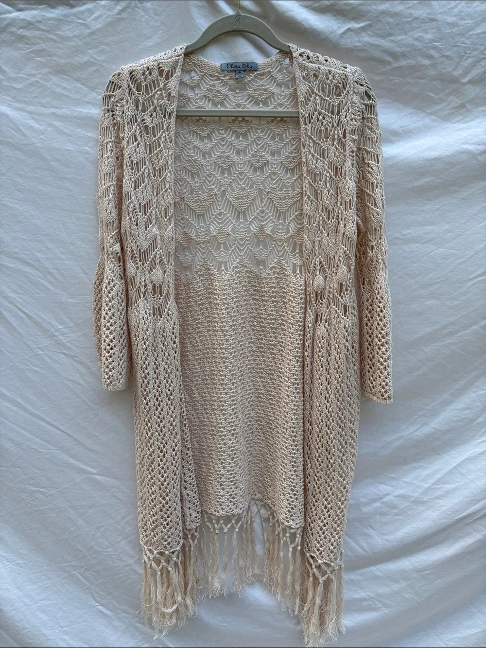 Olivia Sky Cream Open-Knit Fringe Duster Cardigan